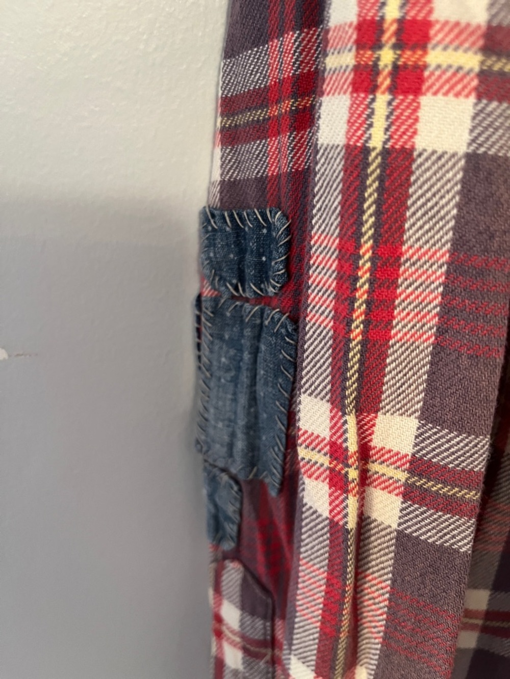 Polo Ralph Lauren Red Plaid Button-Up Shirt with Denim Patches & Frayed Bottom - Picture 4 of 7
